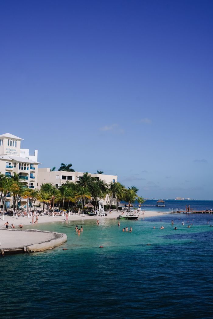 contact Relaxing beach view in Cancún with clear blue waters and palm trees.